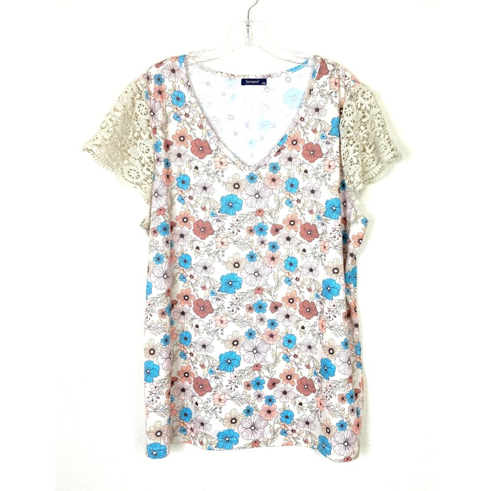 Sampeel Women's V-Neck Knit Shirt Size XXL Beige Floral Crochet Sleeves Boho